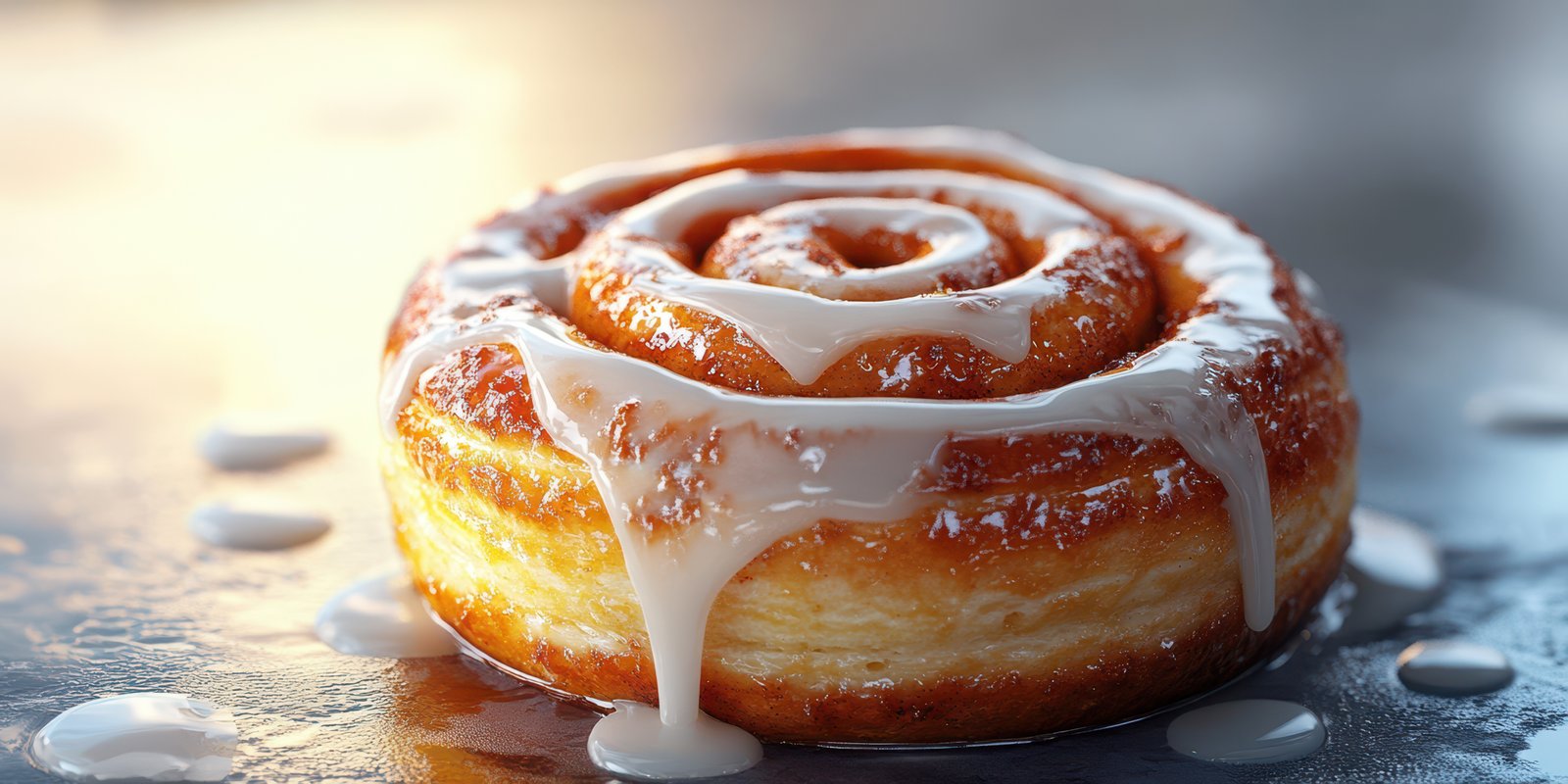 Sweet cinnamon roll drizzled with icing sits on a shiny surface in warm light
